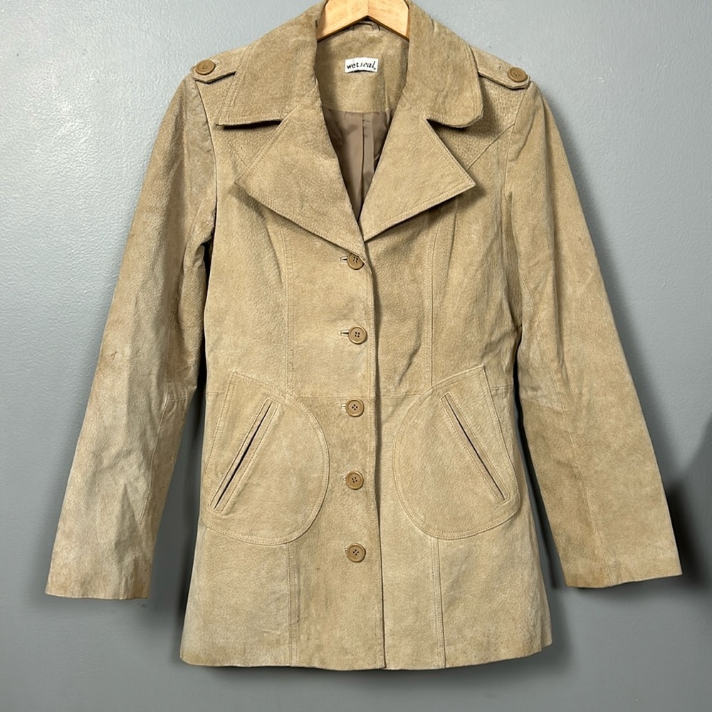 Vintage wet seal cream suede midi pocketed lined coat size M / L- see measuremen